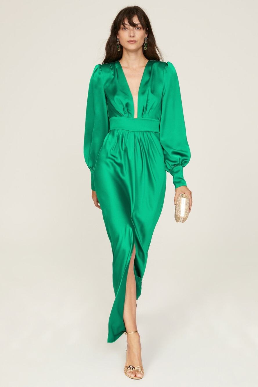 Ramy Brook Madeline Green Satin Plunge Neck Long Sleeve Gown Size 8